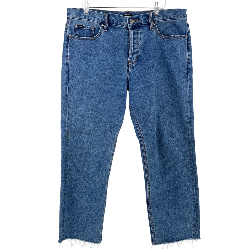 RVCA Flood Button Fly Straight Leg Jeans Med Wash Raw Cut Hem Mens 32 Fits 34